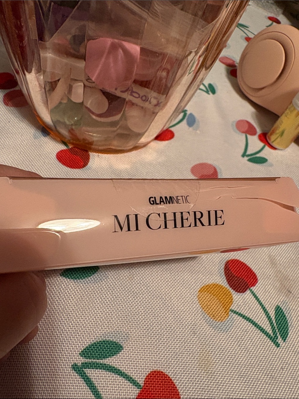GLAMNETIC M Cherie Short Round Press-On Nails in Nude with Cherry Accent - Picture 3 of 4